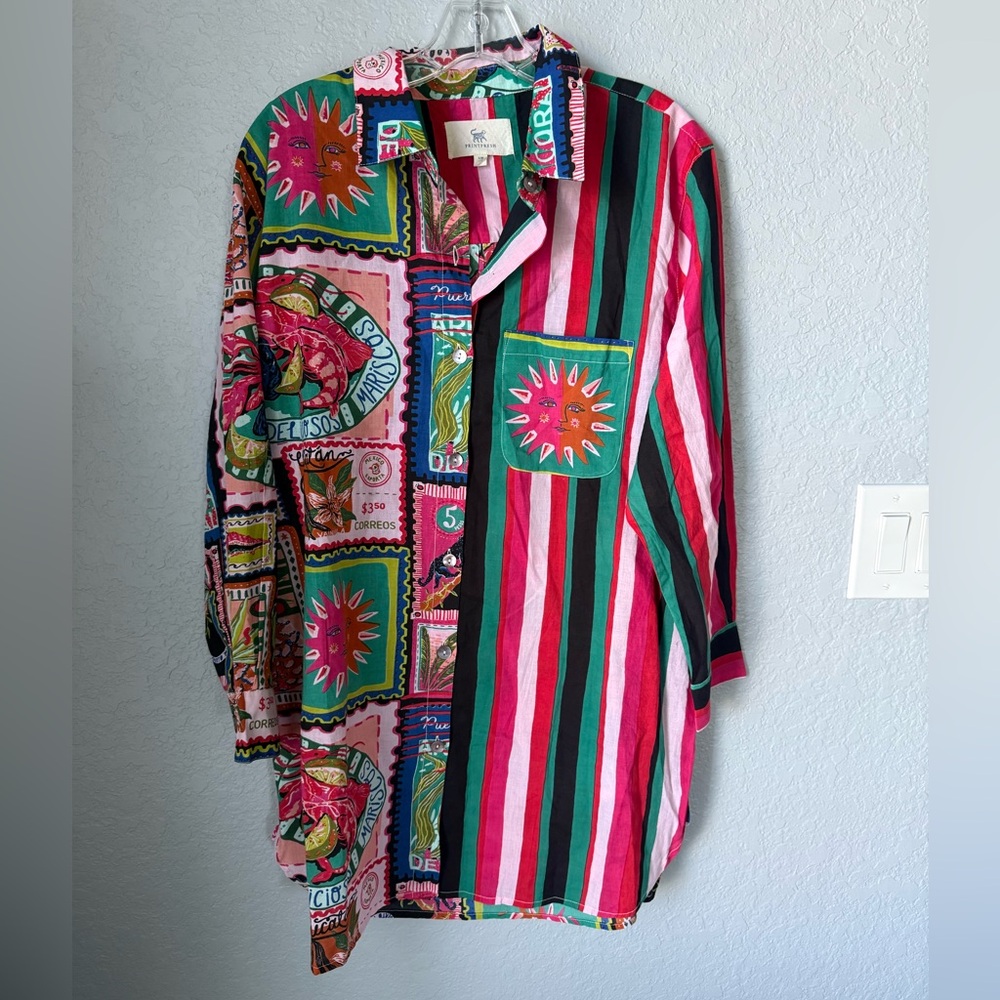 PRINTFRESH Colorful Coast Classic Button Down With Pocket Vibrant Ink Size S/M - Picture 5 of 10